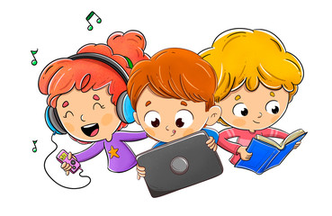 Group of children having fun with music, books and internet