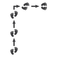 Footprints, barefoot, human. Arrows, movement pointers. Straight and right. Abstract concept, icon set.