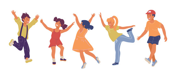 Happy cheerful  children jumping, dancing  and having fun together at school or kindergarten flat vector illustration isolated on white. Leisure and education background with little kids characters.