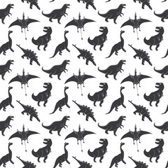 Dino Seamless Pattern, Cute Cartoon Hand Drawn Dinosaurs Doodles Vector Illustration