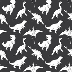 Dino Seamless Pattern, Cute Cartoon Hand Drawn Dinosaurs Doodles Vector Illustration