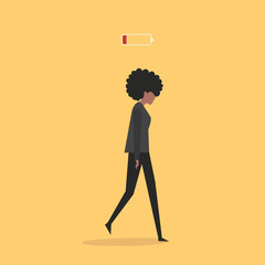 Professional vector flat images of black woman with battery low icon. Modern urban life. Conceptual illustration. Yellow background.