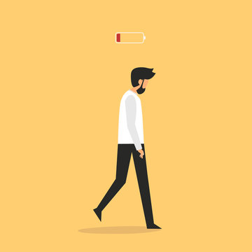 recommend clip art: Professional vector flat images of black man with battery low icon. Modern urban life. Conceptual illustration. Yellow background.