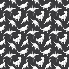 Dino Seamless Pattern, Cute Cartoon Hand Drawn Dinosaurs Doodles Vector Illustration