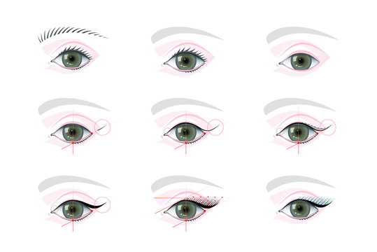 Eye makeup and permanent tattoo tutorial illustrations set