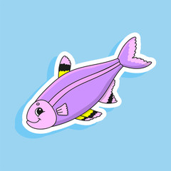 Purple fish. Cute character. Colorful vector illustration. Cartoon style. Isolated on white background. Design element. Template for your design, books, stickers, cards, posters, clothes.