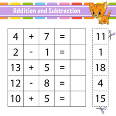 Addition and subtraction. Task for kids. Education developing worksheet. Activity page. Game for children. Funny character. Isolated vector illustration. Cartoon style.