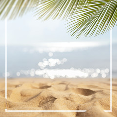 Sand with Palm and tropical beach and sea background with frame design for creative advertising...