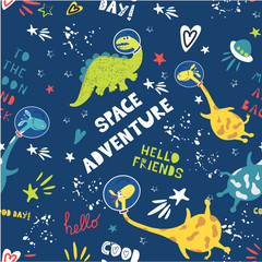 Cute animals astronauts dinosaur and giraffe in space. Children's fashion. Seamless pattern. Cool space adventure vector background © irina