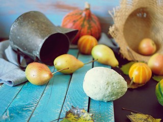 Pears, pumpkins on a wooden table, autumn season, healthy food