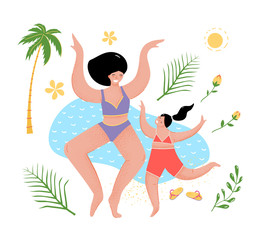 Fun Mother and Daughter at the Sea flat cartoon.