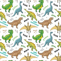 Naklejka premium Dino Seamless Pattern, Cute Cartoon Hand Drawn Dinosaurs Doodles Vector Illustration