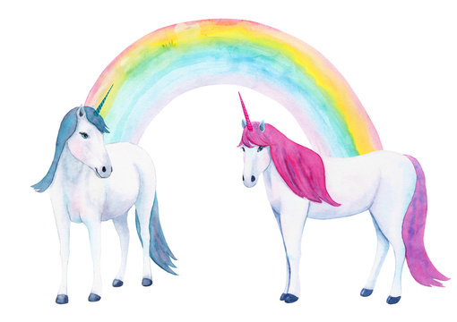 Watercolor hand drawn illustration with cute unicorns and rainbow isolated on white background