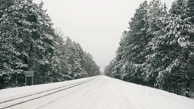 Snowy winter weather. Coniferous spruce forest and road highway after snowfall  a lot of snow. Environment. Natural resources of the Earth