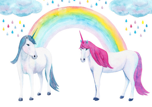 Watercolor hand drawn illustration with cute unicorns, rainbow and clouds isolated on white background