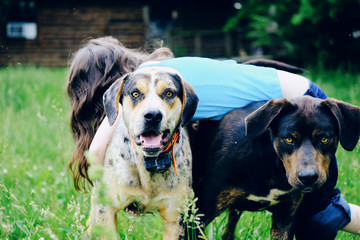 Young girl plays with pet puppy dogs outside.