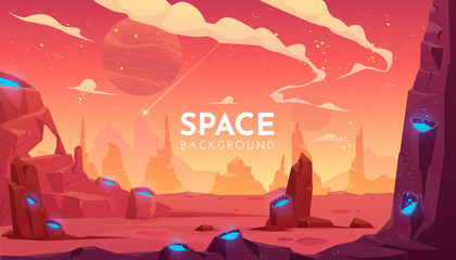 Space background, alien fantasy landscape with rocks and craters with blue liquid inside, orange planet empty surface, cloudy sky and falling comet, computer game backdrop, cartoon vector illustration
