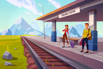 Passengers on railway station. People with luggage waiting train on railroad platform in highland countryside area with mountain landscape background, public transportation Cartoon vector illustration
