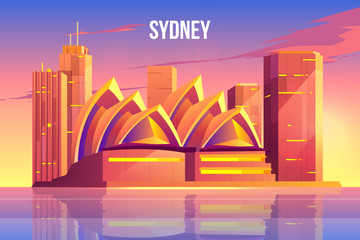 Naklejka premium Sydney city skyline, Australia world famous tourist architecture symbol near waterfront, megapolis with skyscrapers reflecting in water surface at morning or evening time. Cartoon vector illustration