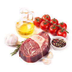 meat steak and cooking ingredients isolated on whtie background.