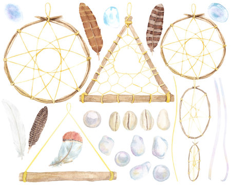 Watercolor hand drawn set with wood dream catcher elements, feathers, pearls, shells, moonstones and ribbons isolated on white background