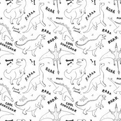 Dino Seamless Pattern, Cute Cartoon Hand Drawn Dinosaurs Doodles Vector Illustration
