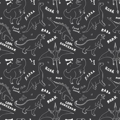 Dino Seamless Pattern, Cute Cartoon Hand Drawn Dinosaurs Doodles Vector Illustration