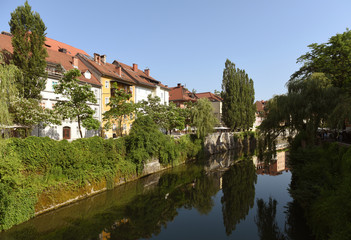 Fototapeta na wymiar Ljubljanica river and buildings in the center Ljubljana, Slovenia