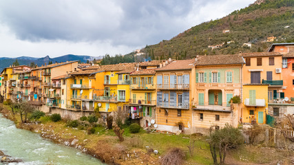 Fototapeta na wymiar Sospel, old french village near the river, typical colorful houses