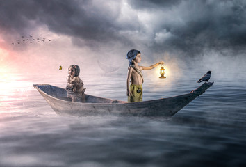 Dramatic scene of two lost children drifting in the ocean - obrazy, fototapety, plakaty