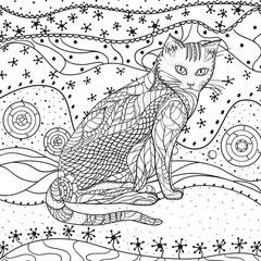 Abstract eastern pattern with ornate cat. Hand drawn abstract patterns on isolation background. Design for spiritual relaxation for adults. Black and white illustration