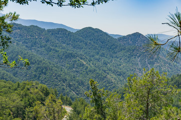 Beautiful view of the Troodos Mountains, Cyprus. Sunny summer day.