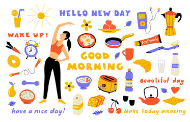 Morning lifestyle, cute doodle set with lettering. Cartoon woman performing exercise, breakfast food. Hand drawn vector flat illustration.