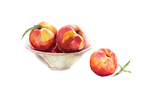  Still life of peaches on the vase. Water-colored fruits.