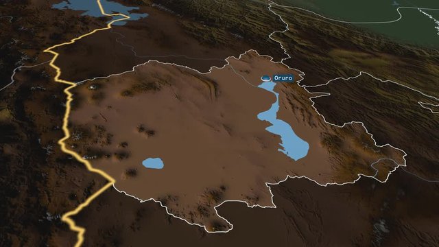 Oruro - department of Bolivia with its capital zoomed on the physical map of the globe. Animation 3D