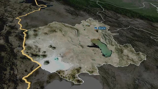 Oruro - department of Bolivia with its capital zoomed on the satellite map of the globe. Animation 3D