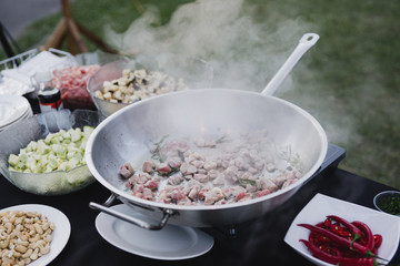 Catering banquet table at reception. Restaurant presentation, european cuisine, food consumption, party concept. Food styling, appetizers bar, welcome drink, event design.