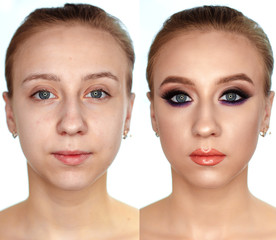 Portrait of a young woman. Collage before and after makeup. Isolate on white background.
