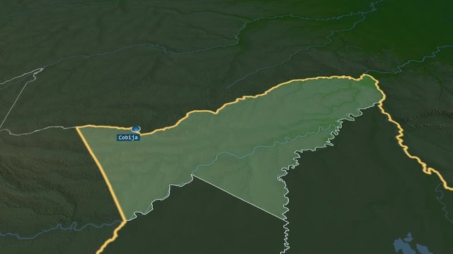 Pando - department of Bolivia with its capital zoomed on the physical map of the globe. Animation 3D