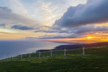 USA, Hawaii, Maui, south coast, wind turbines at sunset