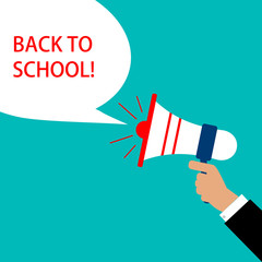 Megaphone and speech bubble with back to school word on blue background. Vector graphic illustration.