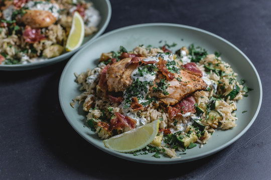 Cajun Chicken With Bacon, Zucchini Lemon Rice And Yogurt Sauce