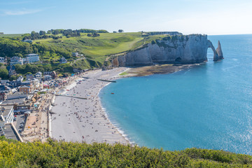 Etretat, France - 05 31 2019: Panoramic view of the cliffs of Etretat at sunset