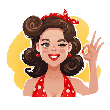 Happy Smiling Retro Pin Up Woman Showing Okay Gesture