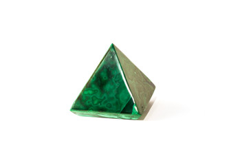 Beautiful malachite pyramid, cut mineral on white background, isolated