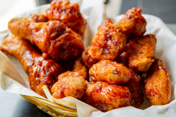 Close up shot of deep fried Korean style chick wings