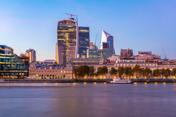 UK, London, modern buildings at Liverpool Street at sunset