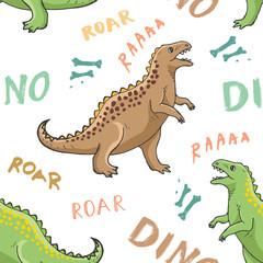 Dino Seamless Pattern, Cute Cartoon Hand Drawn Dinosaurs Doodles Vector Illustration