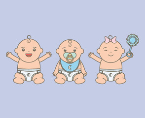cute little babies with pacifier and maracas characters