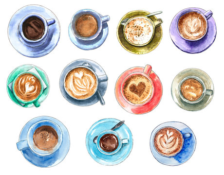 Big set of different coffee cups, hand drawn watercolor illustration. Cappucino, latte machiato, cocoa, espresso, hot chocolate. Can be used for menu design.